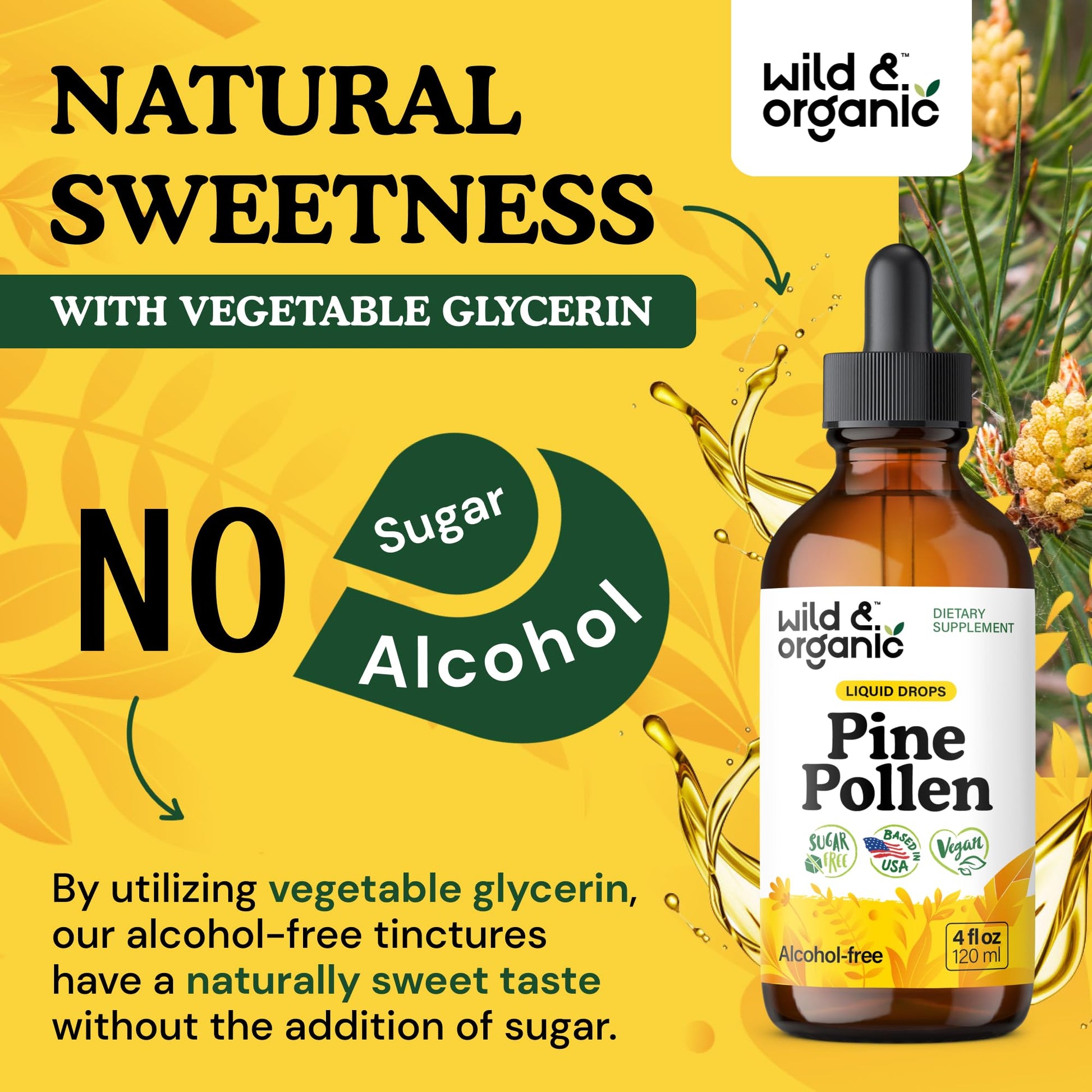 Wild & Organic Pine Pollen Tincture - Pine Pollen for Men & Women - Add to Tea & Drink - Pure Pinus Massoniana Extract Drops - Vegan, Sugar & Alcohol-Free Liquid Supplement - 4 fl oz - PrimeBioHealth - canada supplements