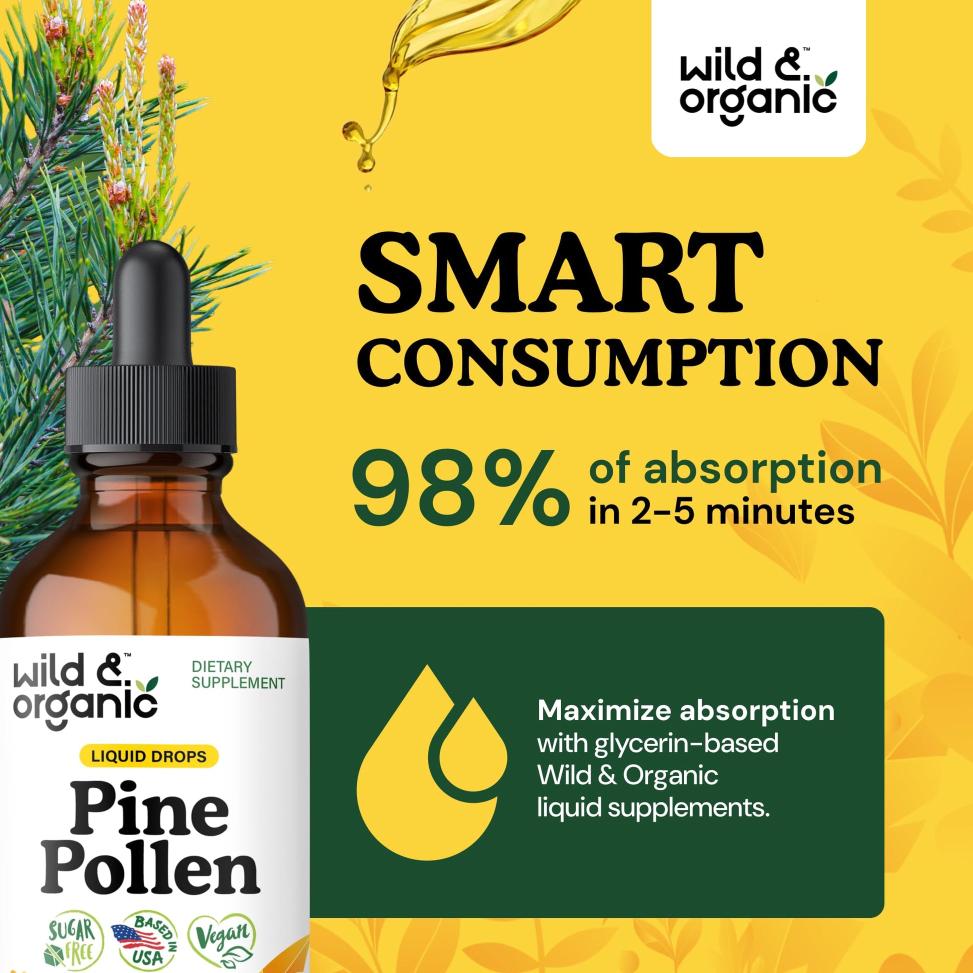 Wild & Organic Pine Pollen Tincture - Pine Pollen for Men & Women - Add to Tea & Drink - Pure Pinus Massoniana Extract Drops - Vegan, Sugar & Alcohol-Free Liquid Supplement - 4 fl oz - PrimeBioHealth - canada supplements