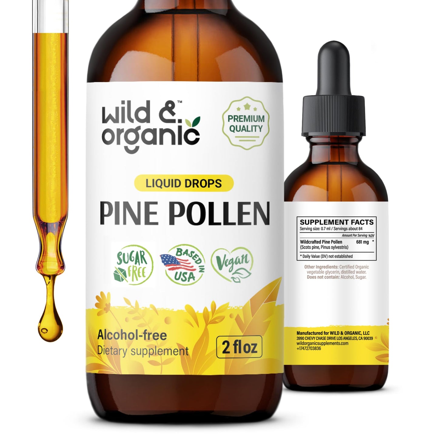 Wild & Organic Pine Pollen Tincture - Pine Pollen for Men & Women - Add to Tea & Drink - Pure Pinus Massoniana Extract Drops - Vegan, Sugar & Alcohol-Free Liquid Supplement - 4 fl oz - PrimeBioHealth - canada supplements