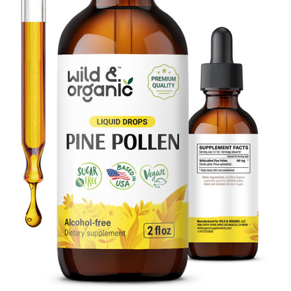 Wild & Organic Pine Pollen Tincture - Pine Pollen for Men & Women - Add to Tea & Drink - Pure Pinus Massoniana Extract Drops - Vegan, Sugar & Alcohol-Free Liquid Supplement - 4 fl oz - PrimeBioHealth - canada supplements
