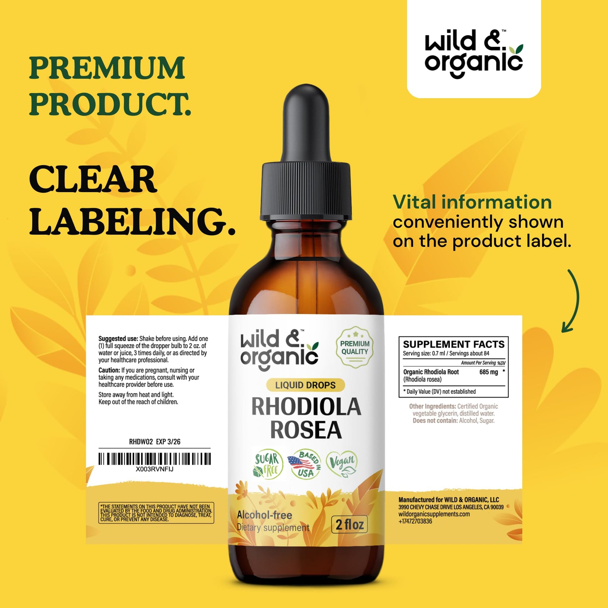 Wild & Organic Rhodiola Rosea Tincture - Rhodiola Rosea Supplement for Mood Support - Relaxing Root Extract Liquid Drops - Vegan, Sugar & Alcohol-Free - 4 fl oz - PrimeBioHealth - canada supplements