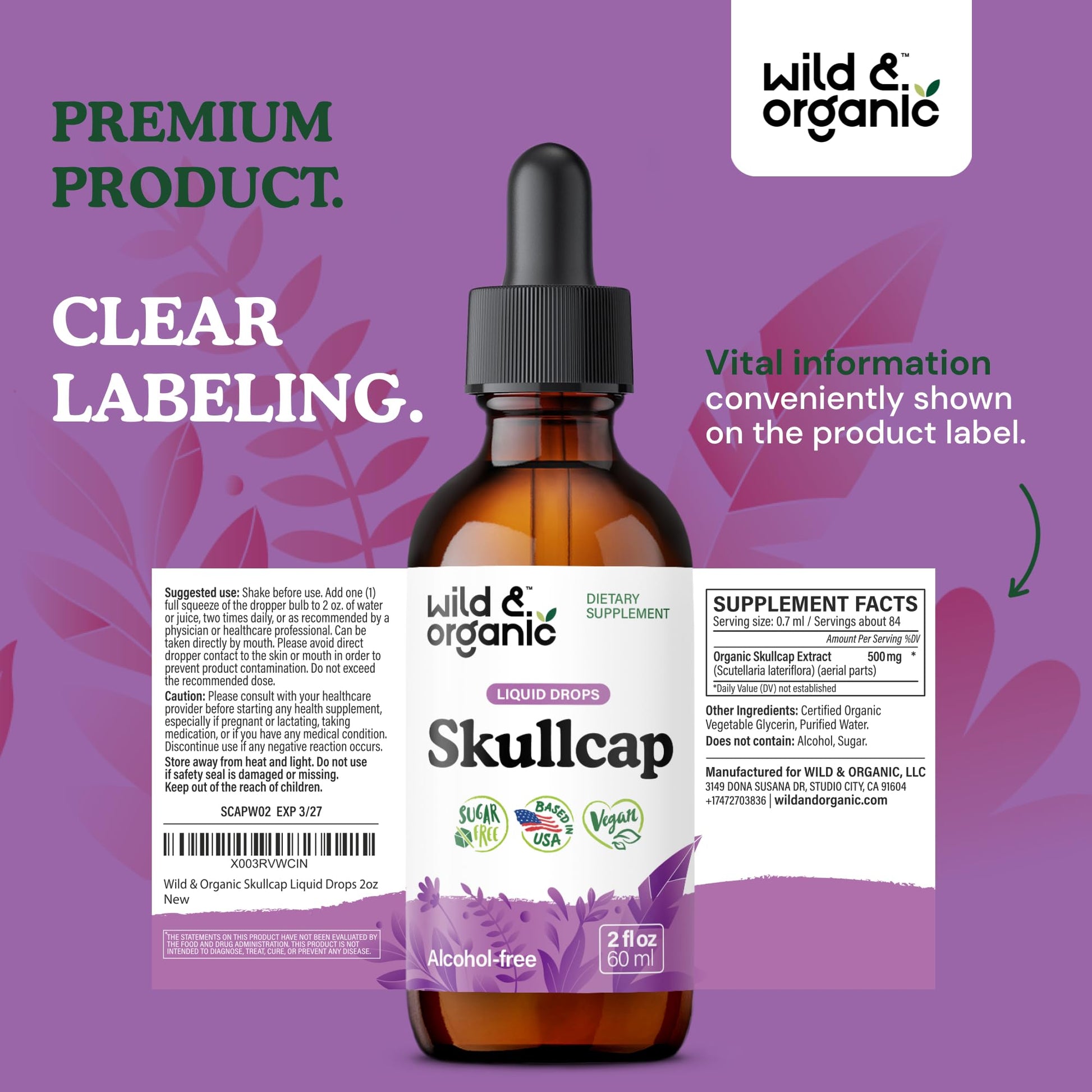 Wild & Organic Skullcap Herb Tincture - Skullcap Supplement for Mood Support - Relaxing Liquid Extract Drops - Vegan, Sugar & Alcohol-Free - 4 fl oz - PrimeBioHealth - canada supplements