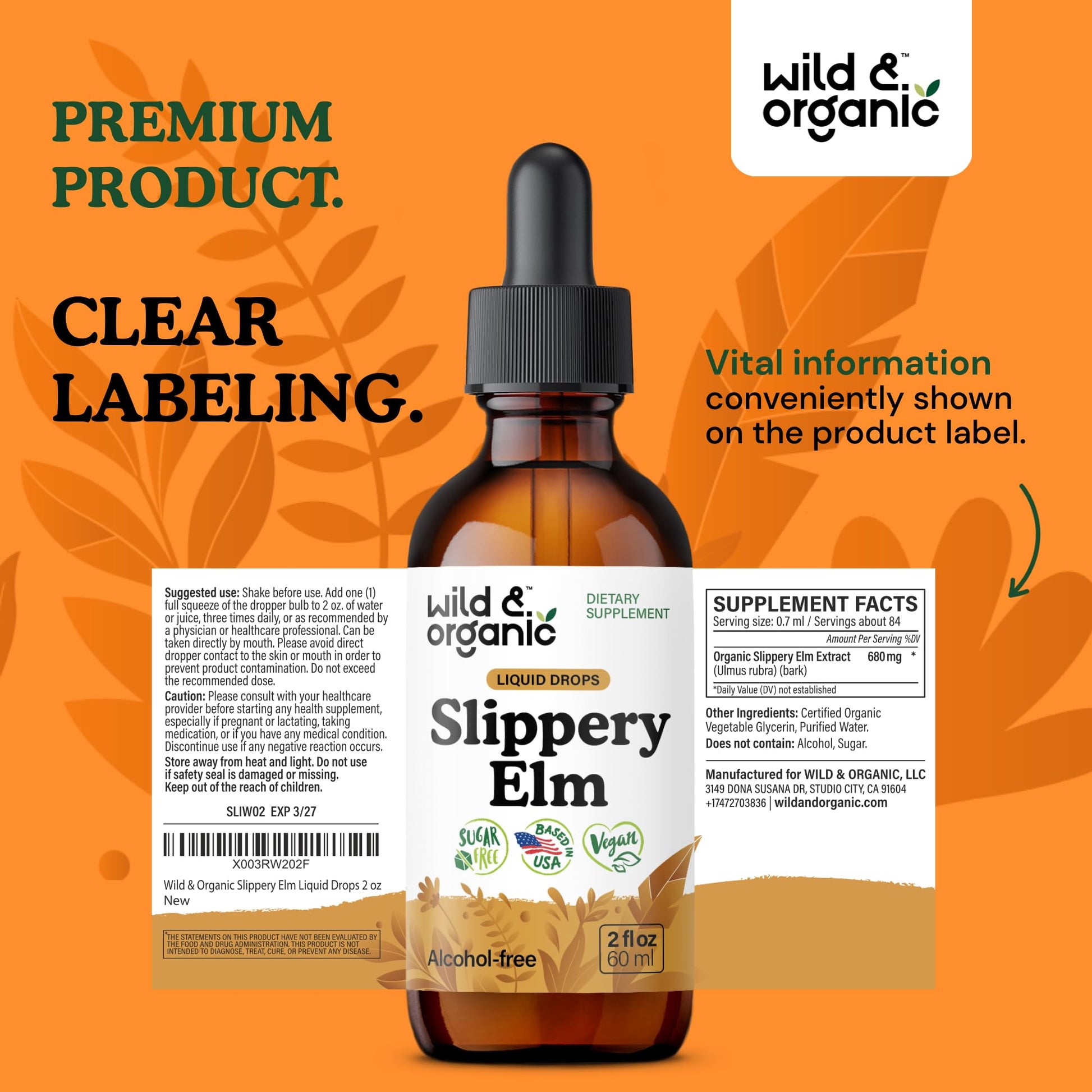 Wild & Organic Slippery Elm Liquid Drops - Lung, Digestive & Women's Support - Slippery Elm Bark Supplement - Add to Tea Tincture - Ulmus Rubra Herb - Vegan, Sugar & Alcohol-Free - 4 fl oz - PrimeBioHealth - canada supplements