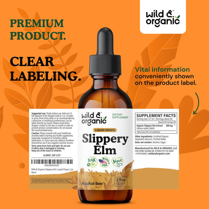 Wild & Organic Slippery Elm Liquid Drops - Lung, Digestive & Women's Support - Slippery Elm Bark Supplement - Add to Tea Tincture - Ulmus Rubra Herb - Vegan, Sugar & Alcohol-Free - 4 fl oz - PrimeBioHealth - canada supplements