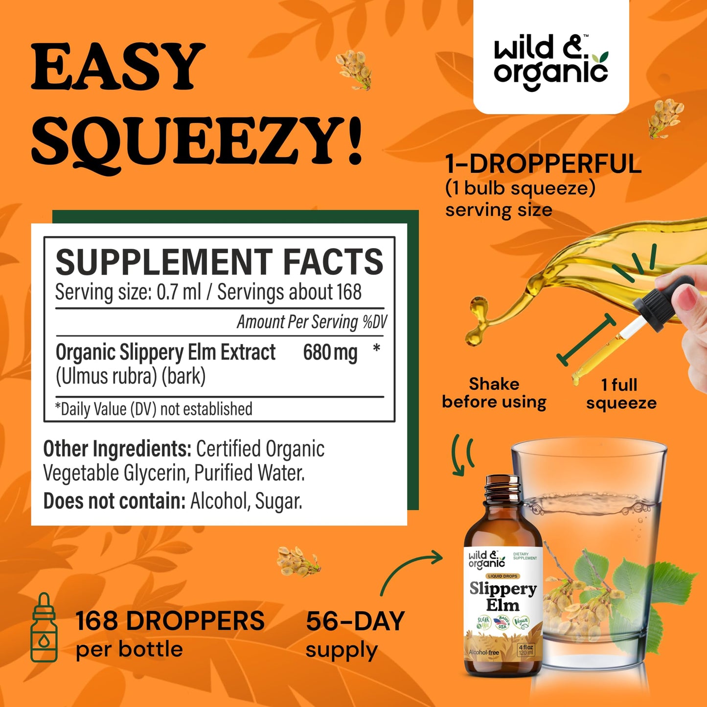Wild & Organic Slippery Elm Liquid Drops - Lung, Digestive & Women's Support - Slippery Elm Bark Supplement - Add to Tea Tincture - Ulmus Rubra Herb - Vegan, Sugar & Alcohol-Free - 4 fl oz - PrimeBioHealth - canada supplements