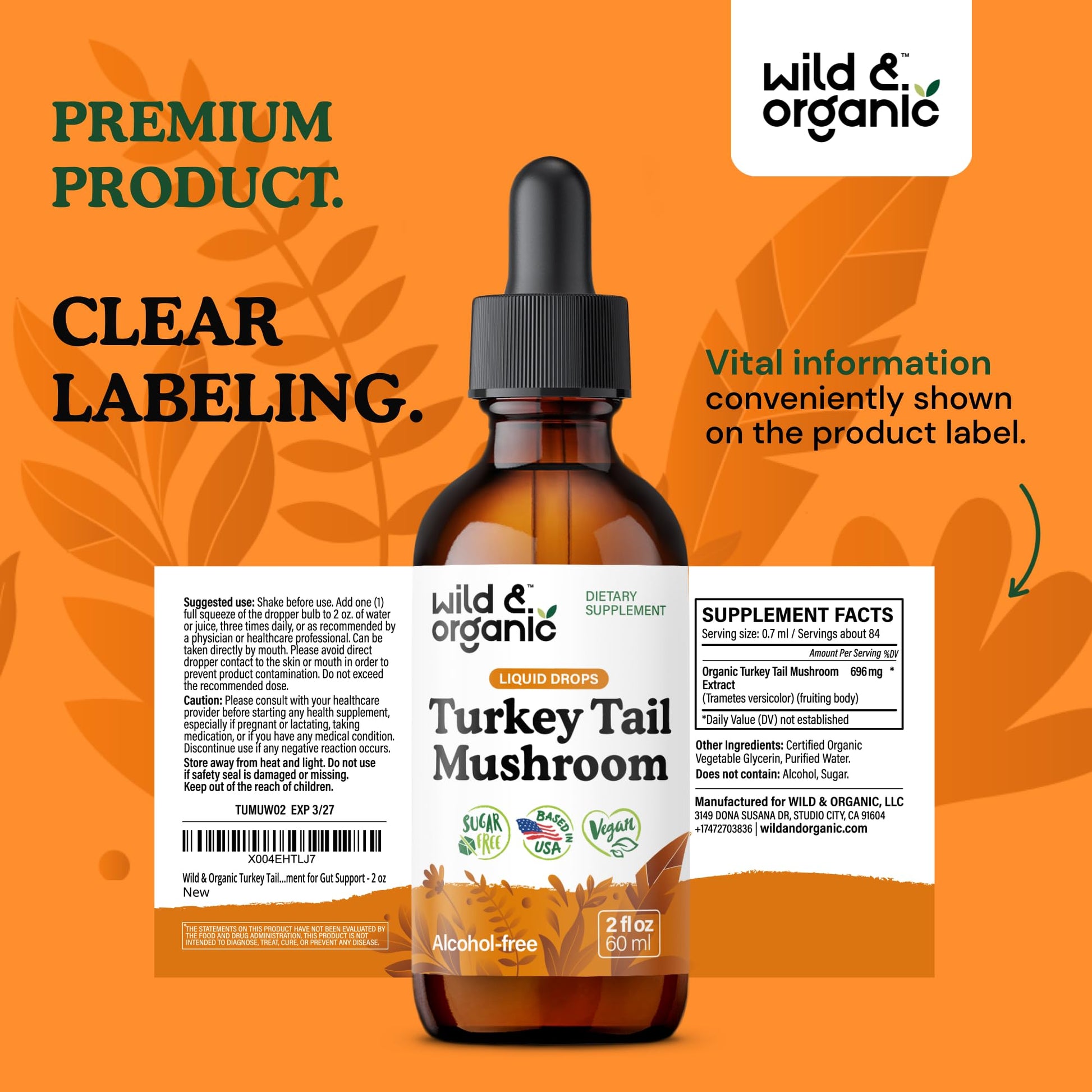 Wild & Organic Turkey Tail Mushroom Tincture - Immune Support Drops with Turkey Tail Extract - Liquid Mushroom Supplement for Gut Support - Vegan, Sugar & Alcohol-Free - 4 fl oz - PrimeBioHealth - canada supplements
