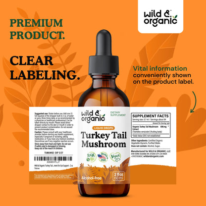 Wild & Organic Turkey Tail Mushroom Tincture - Immune Support Drops with Turkey Tail Extract - Liquid Mushroom Supplement for Gut Support - Vegan, Sugar & Alcohol-Free - 4 fl oz - PrimeBioHealth - canada supplements