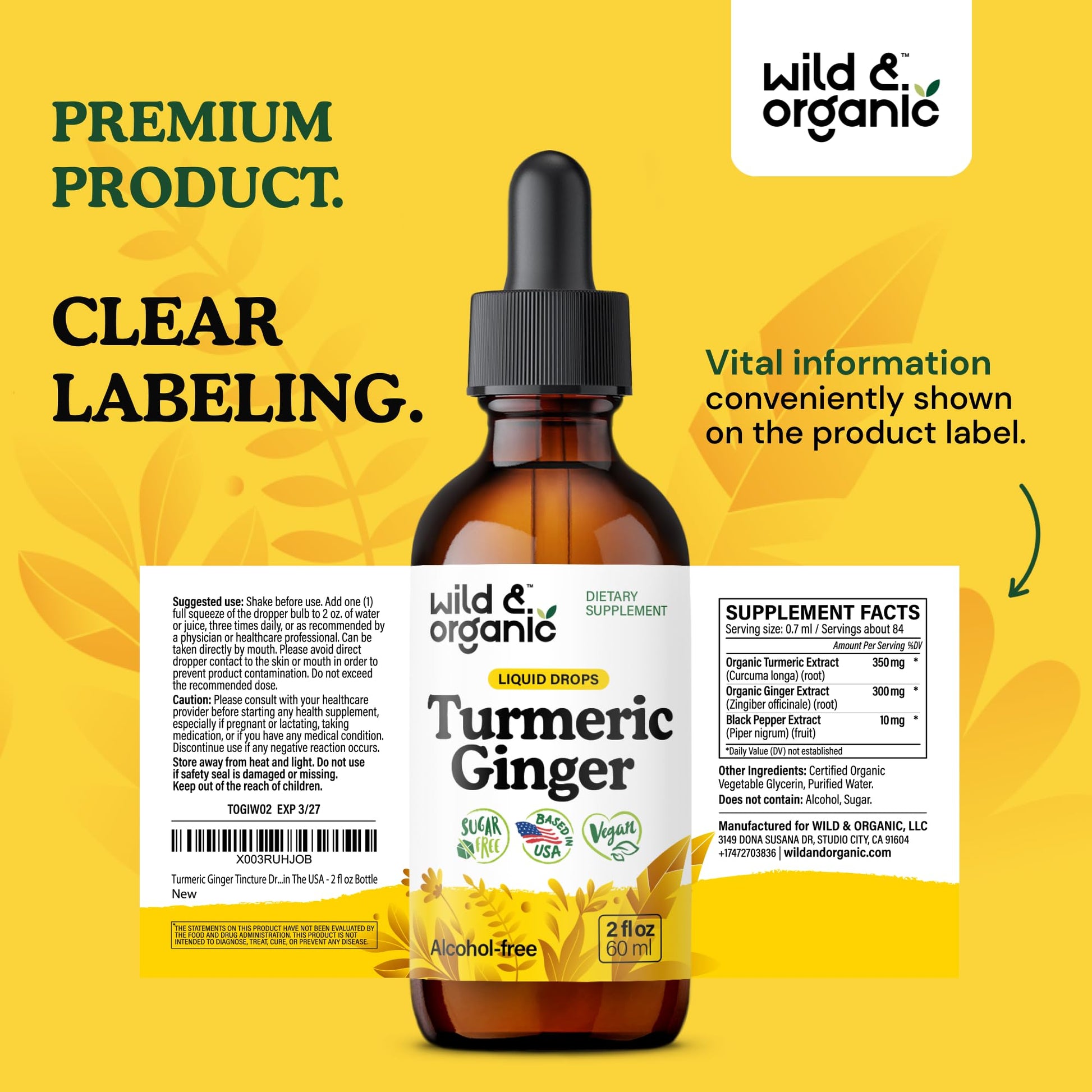 Wild & Organic Turmeric and Ginger Supplement - Movement & Immune Support - Liquid Turmeric Curcumin with Black Pepper and Ginger - Add to Tea Drops - Vegan, Sugar & Alcohol-Free Tincture - 4 oz - PrimeBioHealth - canada supplements