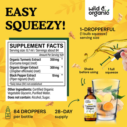 Wild & Organic Turmeric and Ginger Supplement - Movement & Immune Support - Liquid Turmeric Curcumin with Black Pepper and Ginger - Add to Tea Drops - Vegan, Sugar & Alcohol-Free Tincture - 4 oz - PrimeBioHealth - canada supplements