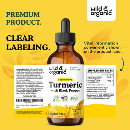 Wild & Organic Turmeric Supplement Liquid Drops - Movement & Immune Support - Liquid Turmeric with Black Pepper Extract - Add to Tea Tincture - Curcumin Supplements - Sugar & Alcohol-Free - 4 fl oz - PrimeBioHealth - canada supplements