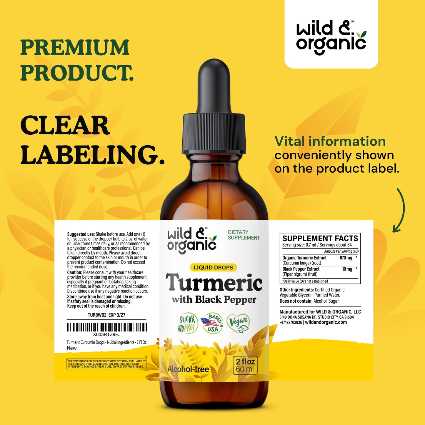 Wild & Organic Turmeric Supplement Liquid Drops - Movement & Immune Support - Liquid Turmeric with Black Pepper Extract - Add to Tea Tincture - Curcumin Supplements - Sugar & Alcohol-Free - 4 fl oz - PrimeBioHealth - canada supplements