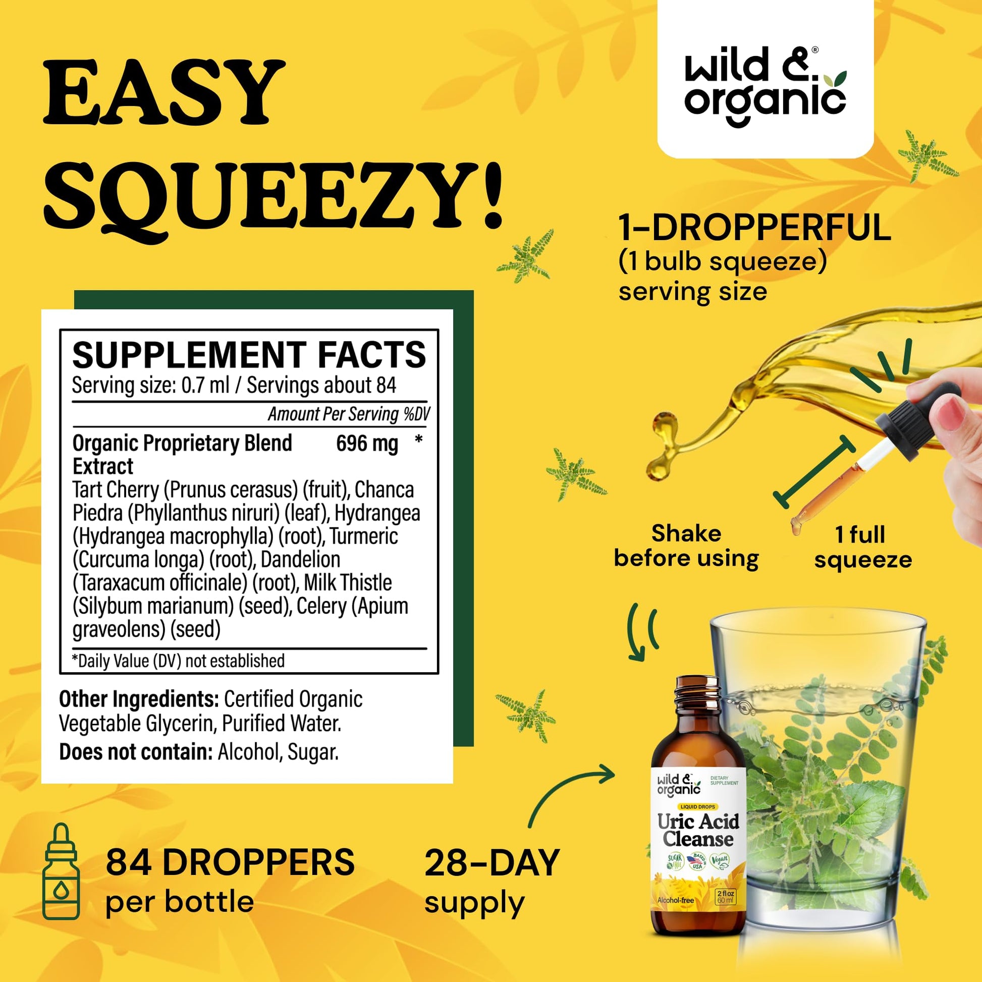 Wild & Organic Uric Acid Cleanse Liquid Drops - Tart Cherry, Turmeric, Celery, Chanca Piedra, Dandelion Root Extract Complex - Uric Acid Supplement - Vegan, Sugar & Alcohol-Free Tincture - 4 fl oz - PrimeBioHealth - canada supplements