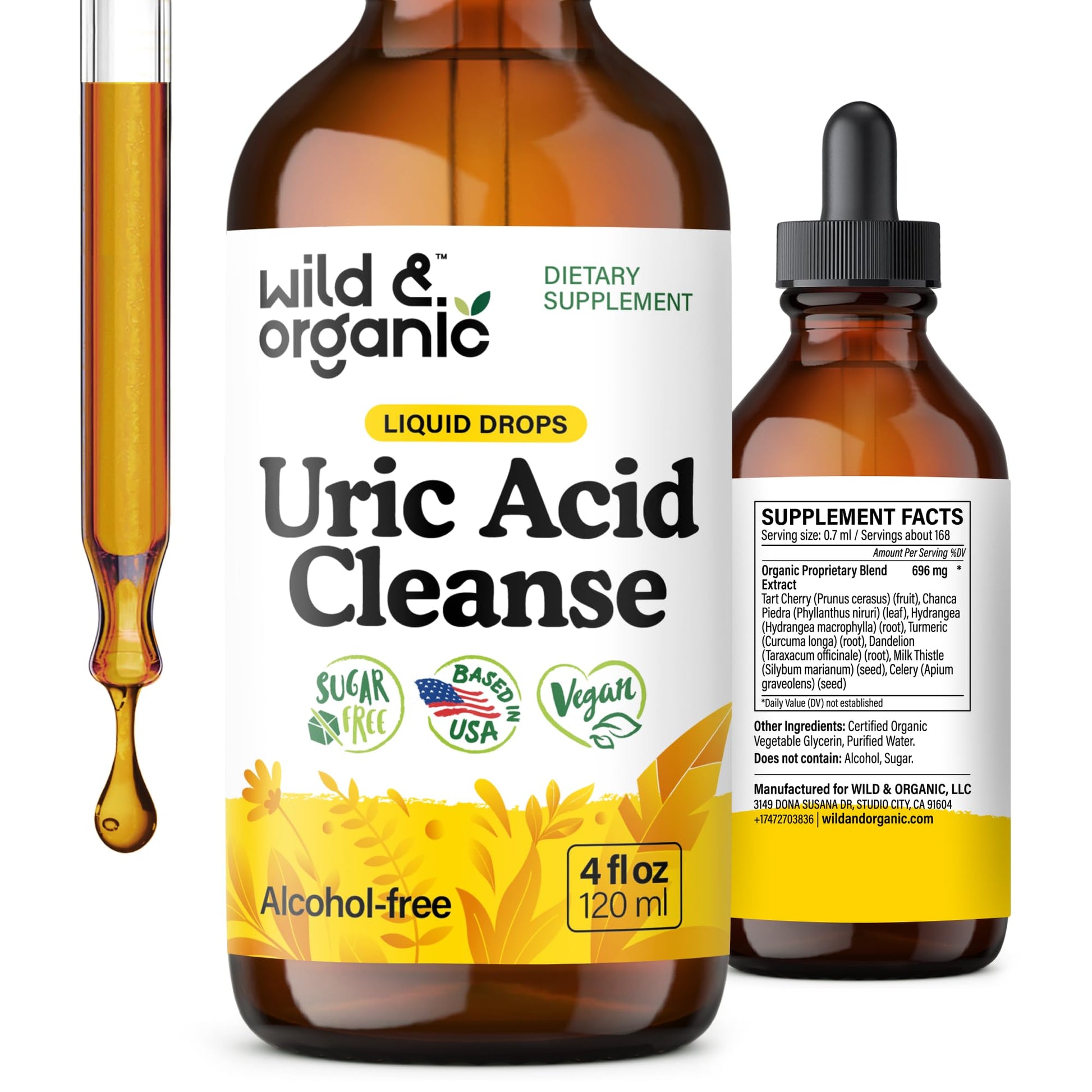 Wild & Organic Uric Acid Cleanse Liquid Drops - Tart Cherry, Turmeric, Celery, Chanca Piedra, Dandelion Root Extract Complex - Uric Acid Supplement - Vegan, Sugar & Alcohol-Free Tincture - 4 fl oz - PrimeBioHealth - canada supplements