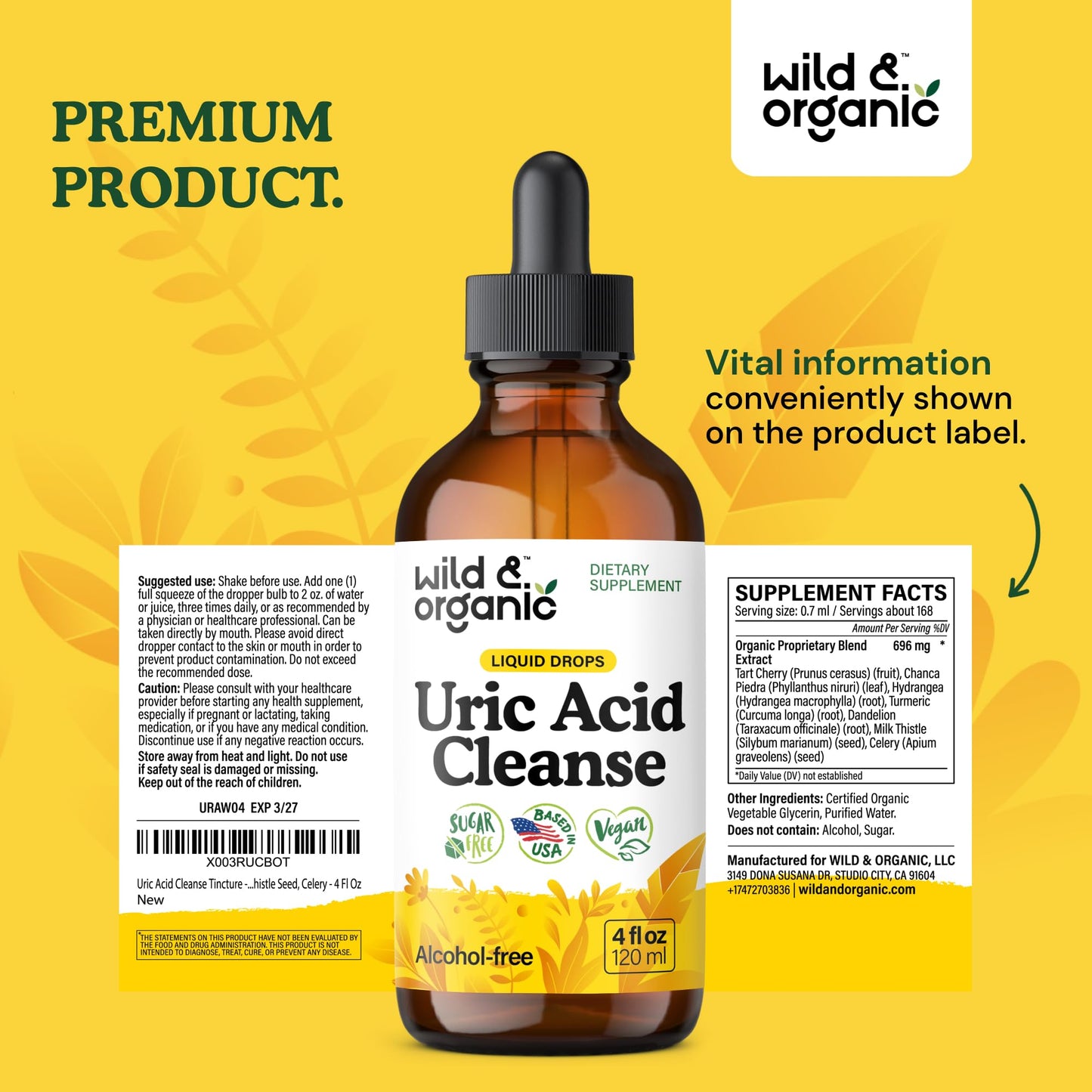 Wild & Organic Uric Acid Cleanse Liquid Drops - Tart Cherry, Turmeric, Celery, Chanca Piedra, Dandelion Root Extract Complex - Uric Acid Supplement - Vegan, Sugar & Alcohol-Free Tincture - 4 fl oz - PrimeBioHealth - canada supplements