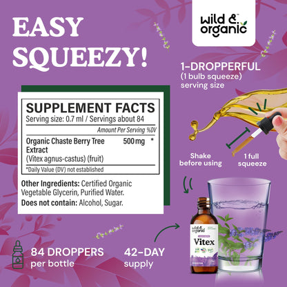 Wild & Organic Vitex Tincture - Mood & Perimenopause Support - Vitex Chasteberry Supplement for Women - Liquid Chaste Tree Berry Extract - Vegan, Sugar & Alcohol-Free Herb Drops - 4 fl oz - PrimeBioHealth - canada supplements