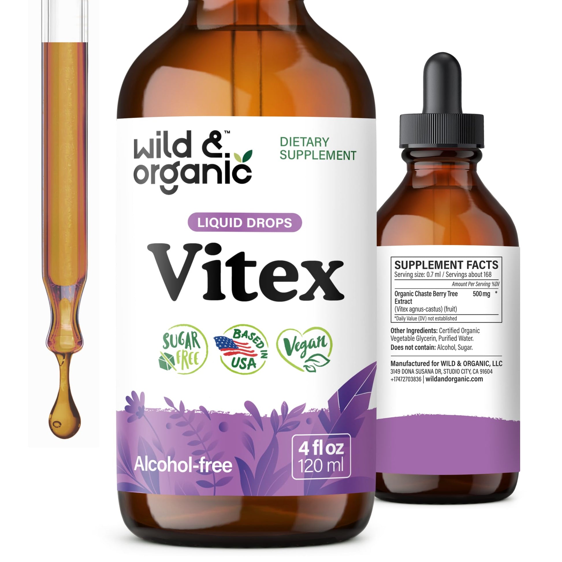 Wild & Organic Vitex Tincture - Mood & Perimenopause Support - Vitex Chasteberry Supplement for Women - Liquid Chaste Tree Berry Extract - Vegan, Sugar & Alcohol-Free Herb Drops - 4 fl oz - PrimeBioHealth - canada supplements