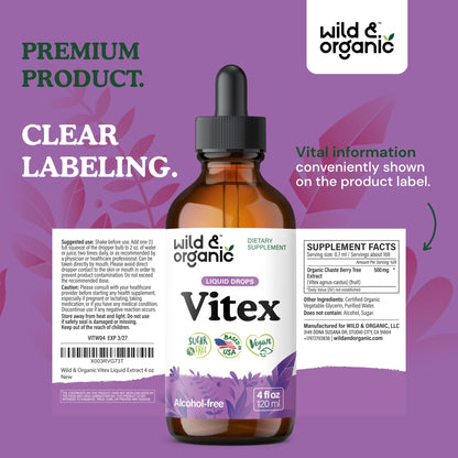 Wild & Organic Vitex Tincture - Mood & Perimenopause Support - Vitex Chasteberry Supplement for Women - Liquid Chaste Tree Berry Extract - Vegan, Sugar & Alcohol-Free Herb Drops - 4 fl oz - PrimeBioHealth - canada supplements