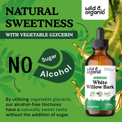 Wild & Organic White Willow Bark Tincture - Liquid Supplement for Overall Support - Alcohol & Sugar-Free White Willow Extract Drops - Salix Alba Bark - Vegan, No Additives - 4 fl oz - PrimeBioHealth - canada supplements