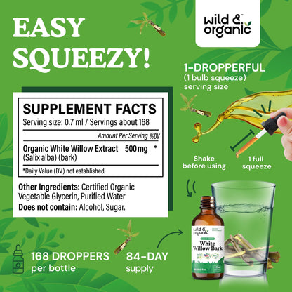 Wild & Organic White Willow Bark Tincture - Liquid Supplement for Overall Support - Alcohol & Sugar-Free White Willow Extract Drops - Salix Alba Bark - Vegan, No Additives - 4 fl oz - PrimeBioHealth - canada supplements