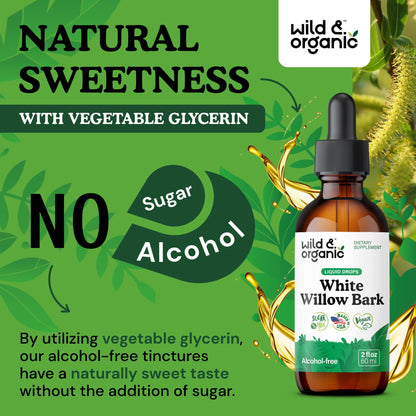 Wild & Organic White Willow Bark Tincture - Liquid Supplement for Overall Support - Alcohol & Sugar-Free White Willow Extract Drops - Salix Alba Bark - Vegan, No Additives - 4 fl oz - PrimeBioHealth - canada supplements