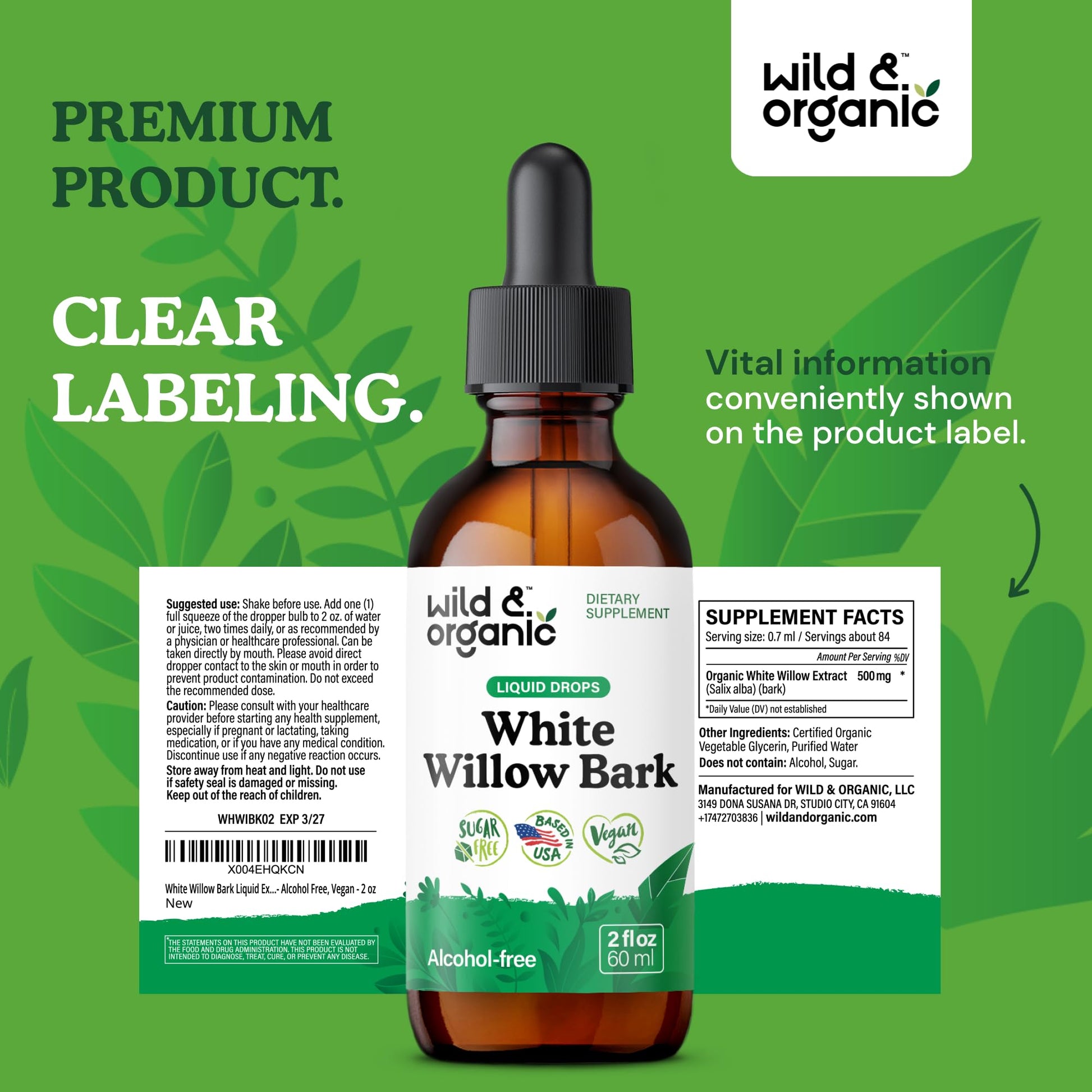 Wild & Organic White Willow Bark Tincture - Liquid Supplement for Overall Support - Alcohol & Sugar-Free White Willow Extract Drops - Salix Alba Bark - Vegan, No Additives - 4 fl oz - PrimeBioHealth - canada supplements