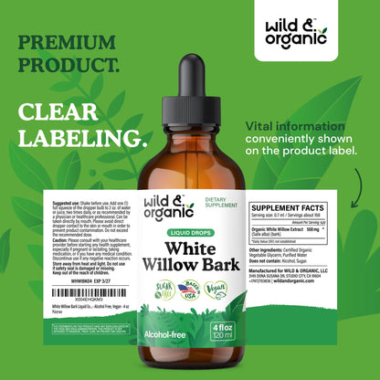Wild & Organic White Willow Bark Tincture - Liquid Supplement for Overall Support - Alcohol & Sugar-Free White Willow Extract Drops - Salix Alba Bark - Vegan, No Additives - 4 fl oz - PrimeBioHealth - canada supplements