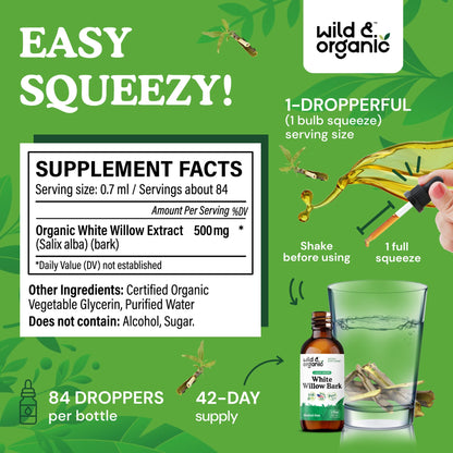 Wild & Organic White Willow Bark Tincture - Liquid Supplement for Overall Support - Alcohol & Sugar-Free White Willow Extract Drops - Salix Alba Bark - Vegan, No Additives - 4 fl oz - PrimeBioHealth - canada supplements