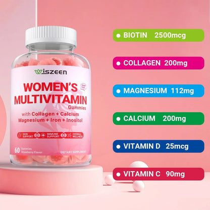 Wiszeen Sugar Free Methylated Multivitamin for Women Gummies, Biotin, Collagen, Calcium, Magnesium, Inositol, Folate, Iron, Vitamin A, C, D, E - PrimeBioHealth - canada supplements