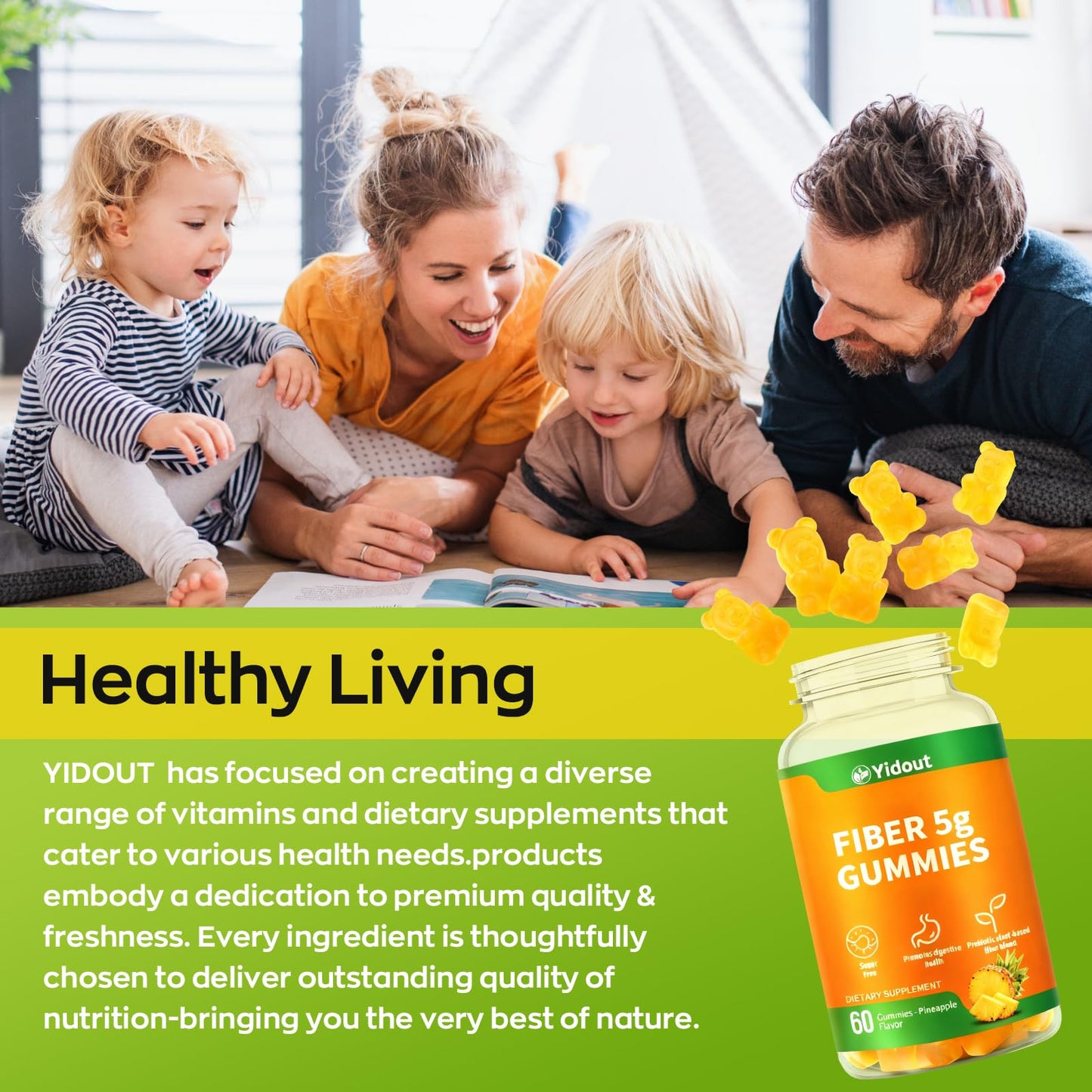 Yidout Fiber Gummies for Adults with Probiotics，No Sugar Added Pineapple Flavor, Promotes Gut Health and Regulate Bowel Movement, Vegan (60 Count（Pack of 1）) - PrimeBioHealth - canada supplements