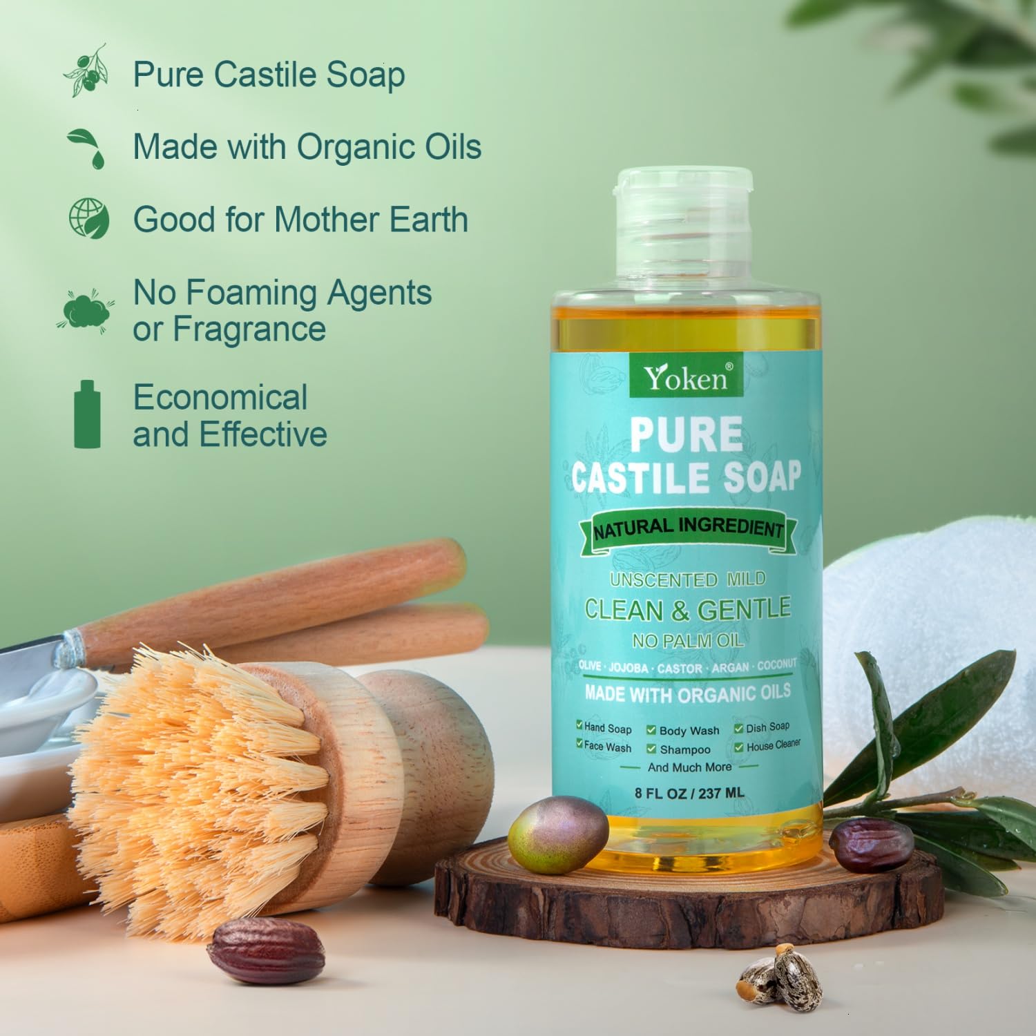 Yoken Pure Castile Liquid Soap Organic (EWG Verified, Unscented, 8 OZ), Made with Organic Oils, No Added Fragrance, Vegan, Castile Soap Liquid for Face - PrimeBioHealth - canada supplements