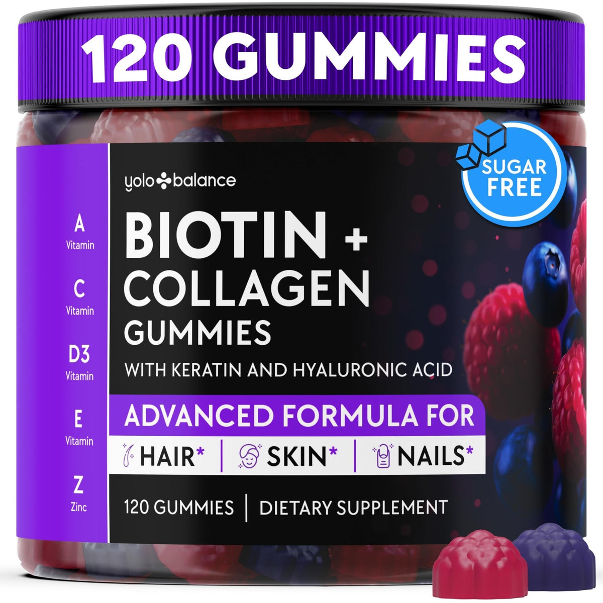 YOLOBALANCE Biotin Gummies 10000mcg for Hair Growth Support - Sugar Free Multi Collagen with Keratin, Silica & Hyaluronic Acid - Pectin Based, - PrimeBioHealth - canada supplements