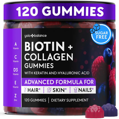 YOLOBALANCE Biotin Gummies 10000mcg for Hair Growth Support - Sugar Free Multi Collagen with Keratin, Silica & Hyaluronic Acid - Pectin Based, - PrimeBioHealth - canada supplements