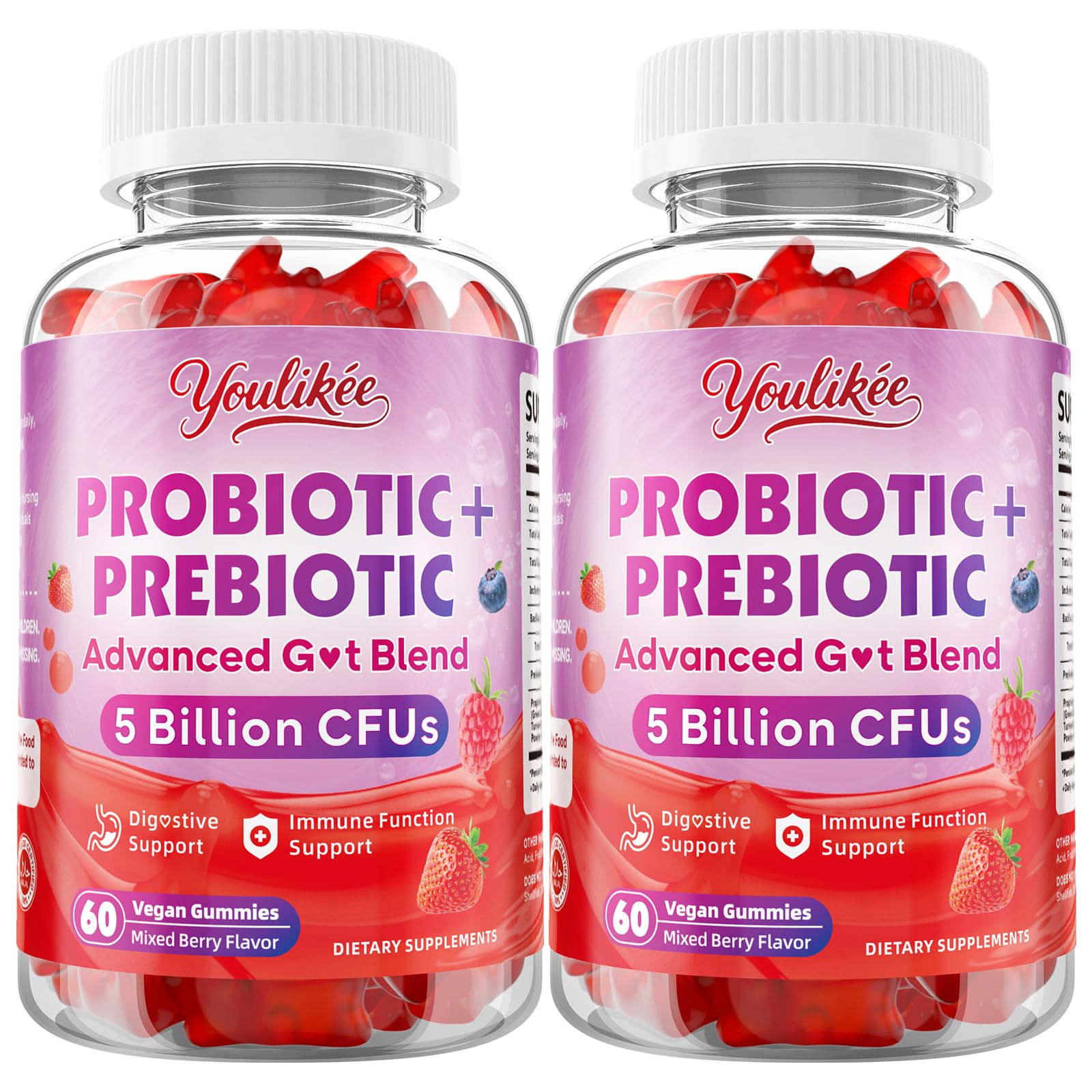 Youlikee 2 Pack Prebiotic + Probiotic Gummies for Women and Men, Probiotic Gummies Supports Gut Health, 5 Billion CFUs with Fibers, - PrimeBioHealth - canada supplements