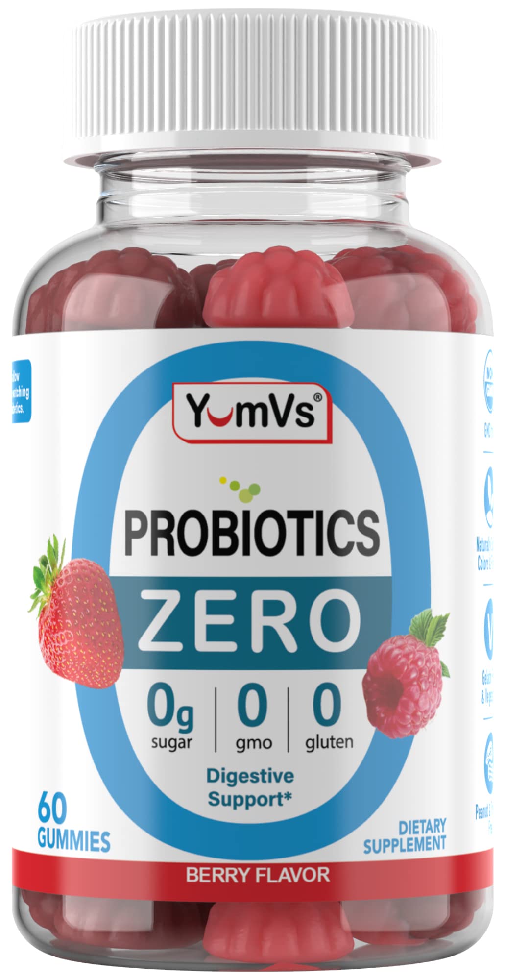 YUM-V'S Sugar Free Probiotic Gummies - Probiotics for Men & Women to Help Support Digestive Function – Adults & Kids Probiotic with 5 Billion CFU Bacillus Coagulans – Vegan & Gluten-Free (60 Count) - PrimeBioHealth - canada supplements