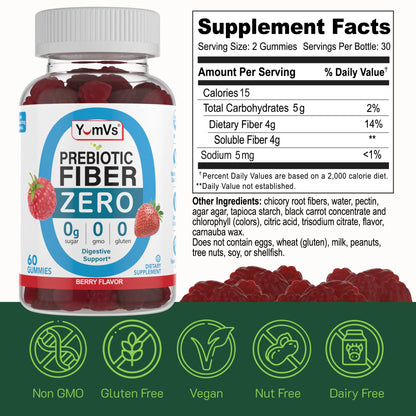 YumVs Sugar Free Prebiotic Fiber Gummies for Adults and Kids - Berry Flavor - Kosher Halal 4g High Fiber Supplement for Women and Men - PrimeBioHealth - canada supplements