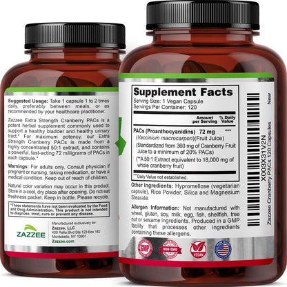 Zazzee Cranberry PACs 72 mg per Capsule, 50:1 Extract, 120 Vegan Capsules, 2X Strength, 4 Month Supply, Fast-Acting, Effective Urinary Tract & Bladder Support, 100% Soluble PACs, Made in the USA - PrimeBioHealth - canada supplements