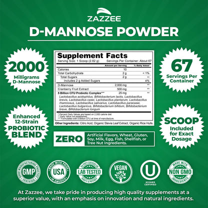 Zazzee D-Mannose Powder Plus, 2000 mg, 67 Servings, Plus 5 Billion CFU Probiotics and Pure Cranberry Juice Extract, Certified Kosher, Free Scoop, 6.67 oz, Urinary Tract Support, Non-GMO, All-Natural - PrimeBioHealth - canada supplements