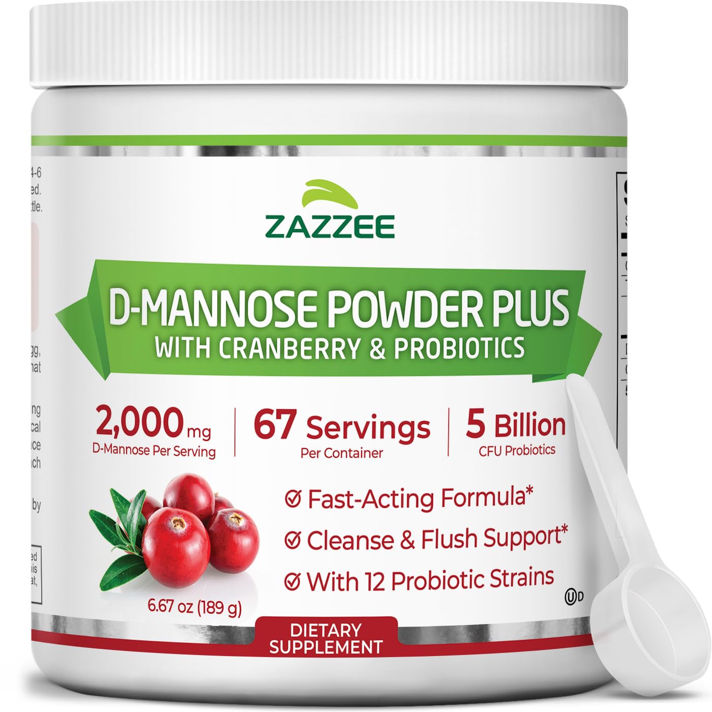 Zazzee D-Mannose Powder Plus, 2000 mg, 67 Servings, Plus 5 Billion CFU Probiotics and Pure Cranberry Juice Extract, Certified Kosher, Free Scoop, 6.67 oz, Urinary Tract Support, Non-GMO, All-Natural - PrimeBioHealth - canada supplements