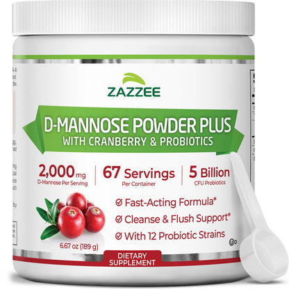 Zazzee D-Mannose Powder Plus, 2000 mg, 67 Servings, Plus 5 Billion CFU Probiotics and Pure Cranberry Juice Extract, Certified Kosher, Free Scoop, 6.67 oz, Urinary Tract Support, Non-GMO, All-Natural - PrimeBioHealth - canada supplements