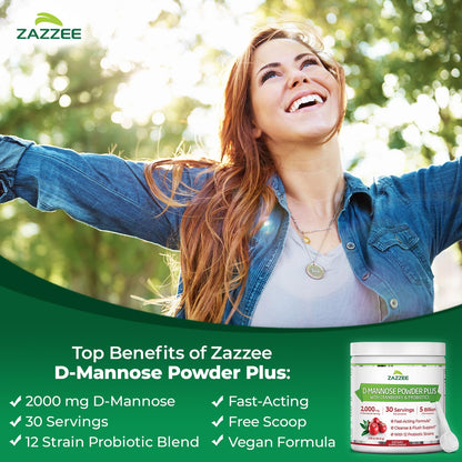 Zazzee D-Mannose Powder Plus, 2000 mg, 67 Servings, Plus 5 Billion CFU Probiotics and Pure Cranberry Juice Extract, Certified Kosher, Free Scoop, 6.67 oz, Urinary Tract Support, Non-GMO, All-Natural - PrimeBioHealth - canada supplements