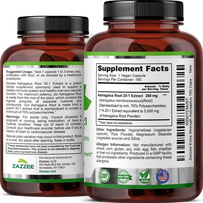 Zazzee Extra Strength Astragalus Root 20:1 Extract, 70% Polysaccharides, 180 Vegan Capsules, 6 Month Supply, Astragalus Membranaceus, Immune System Support, Non-GMO, Herbal Supplement, Made in the USA - PrimeBioHealth - canada supplements
