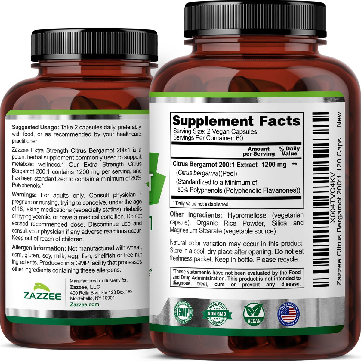 Zazzee Extra Strength Citrus Bergamot 200:1 Extract 1200 mg, 80% Polyphenols, 120 Vegan Capsules, Standardized 200X Potency - PrimeBioHealth - canada supplements