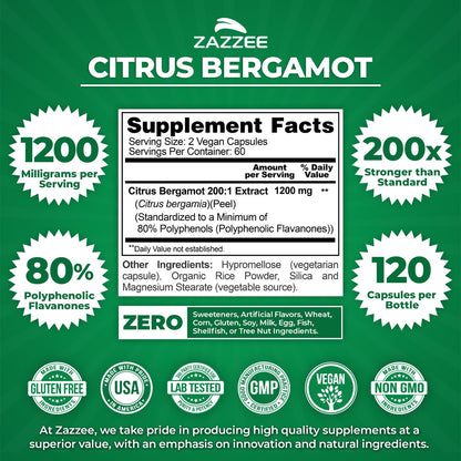 Zazzee Extra Strength Citrus Bergamot 200:1 Extract 1200 mg, 80% Polyphenols, 120 Vegan Capsules, Standardized 200X Potency - PrimeBioHealth - canada supplements