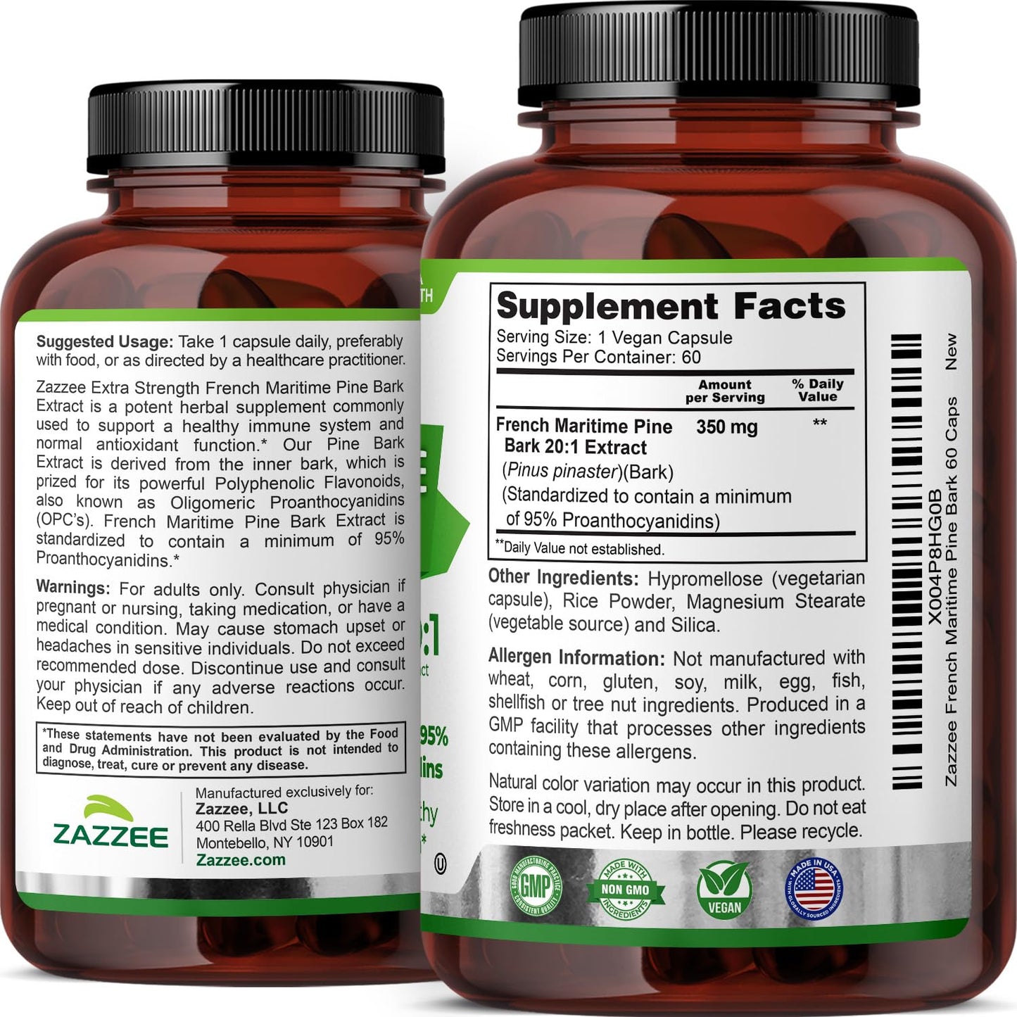 Zazzee Extra Strength French Maritime Pine Bark Extract 20:1, 350 mg Per Capsule, 95% Proanthocyanidins, 180 Vegan Capsules, 6 Month Supply, Certified Kosher, Antioxidant Support, Non-GMO, Made in USA - PrimeBioHealth - canada supplements