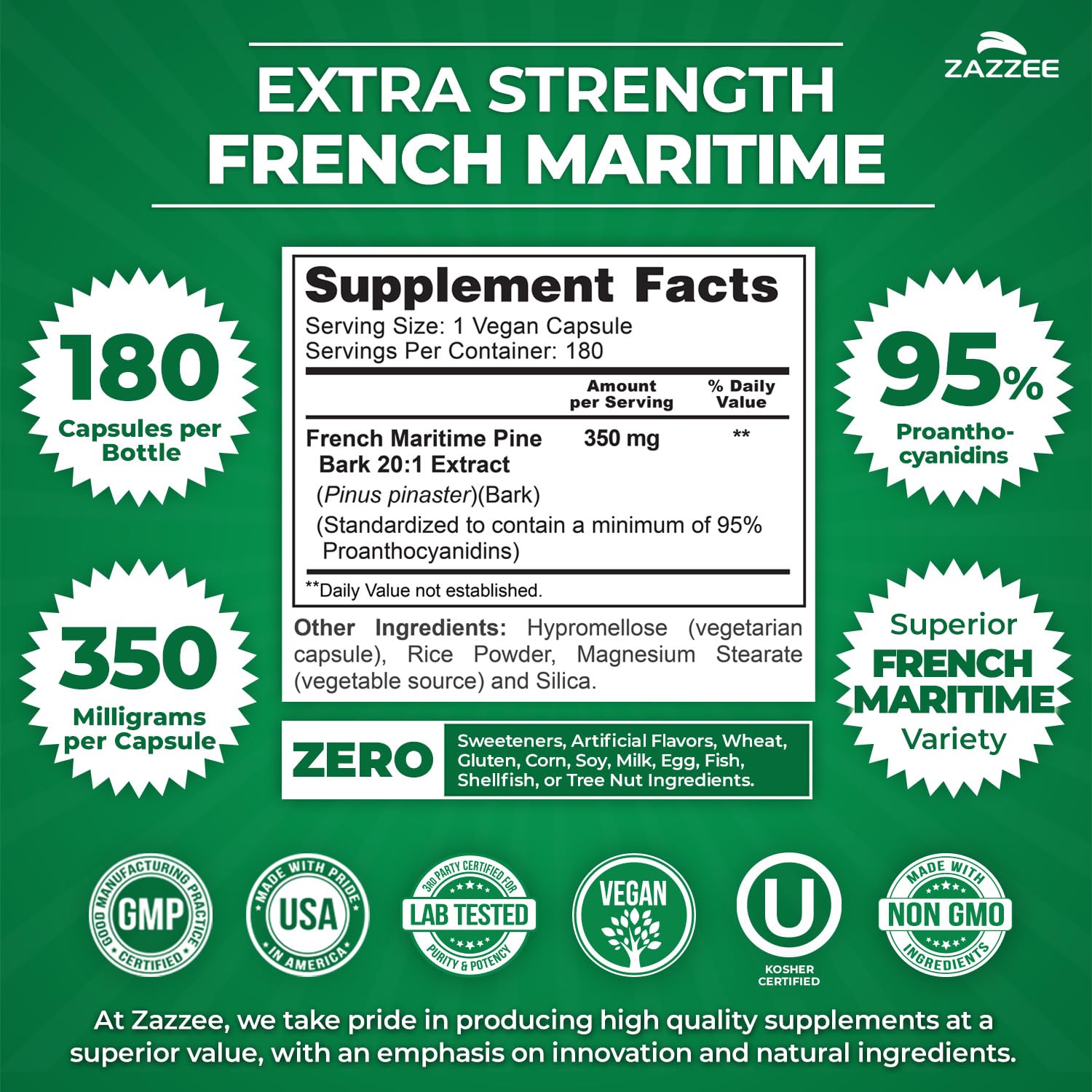 Zazzee Extra Strength French Maritime Pine Bark Extract 20:1, 350 mg Per Capsule, 95% Proanthocyanidins, 180 Vegan Capsules, 6 Month Supply, Certified Kosher, Antioxidant Support, Non-GMO, Made in USA - PrimeBioHealth - canada supplements