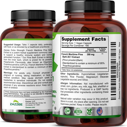 Zazzee Extra Strength French Maritime Pine Bark Extract 20:1, 350 mg Per Capsule, 95% Proanthocyanidins, 180 Vegan Capsules, 6 Month Supply, Certified Kosher, Antioxidant Support, Non-GMO, Made in USA - PrimeBioHealth - canada supplements