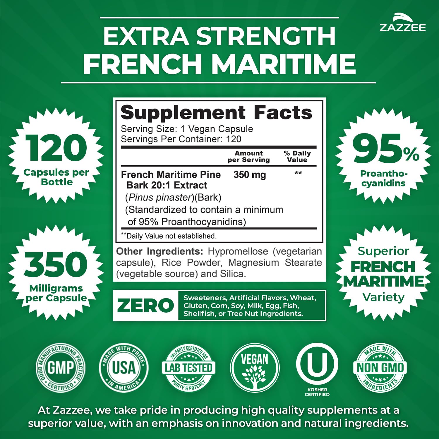 Zazzee Extra Strength French Maritime Pine Bark Extract 20:1, 350 mg Per Capsule, 95% Proanthocyanidins, 180 Vegan Capsules, 6 Month Supply, Certified Kosher, Antioxidant Support, Non-GMO, Made in USA - PrimeBioHealth - canada supplements