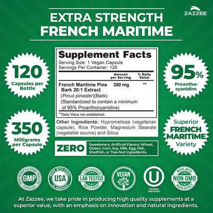 Zazzee Extra Strength French Maritime Pine Bark Extract 20:1, 350 mg Per Capsule, 95% Proanthocyanidins, 180 Vegan Capsules, 6 Month Supply, Certified Kosher, Antioxidant Support, Non-GMO, Made in USA - PrimeBioHealth - canada supplements
