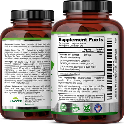 Zazzee Extra Strength Green Tea 20:1 Extract, 50% EGCG, 98% Polyphenols, 80% Catechins, 150 Vegan Capsules, 5 Month Supply, Certified Kosher, Antioxidant & Metabolism Support, Non-GMO, Made in the USA - PrimeBioHealth - canada supplements