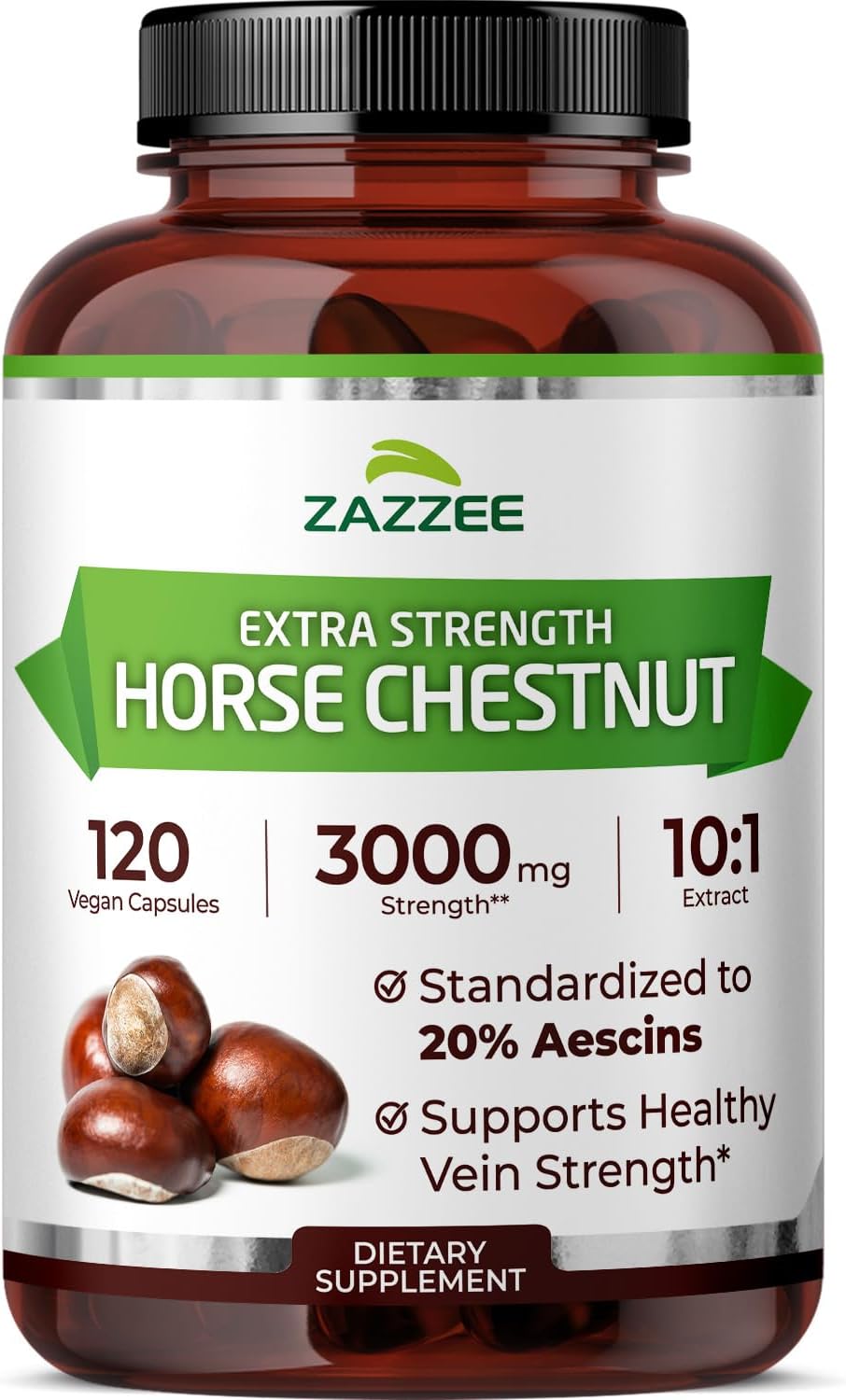 Zazzee Extra Strength Horse Chestnut 10:1 Extract, 20% Aescins, 120 Vegan Capsules, 4 Month Supply, Aesculus Hippocastanum, Healthy Circulation & Blood Flow Support, Non-GMO, Made in the USA - PrimeBioHealth - canada supplements